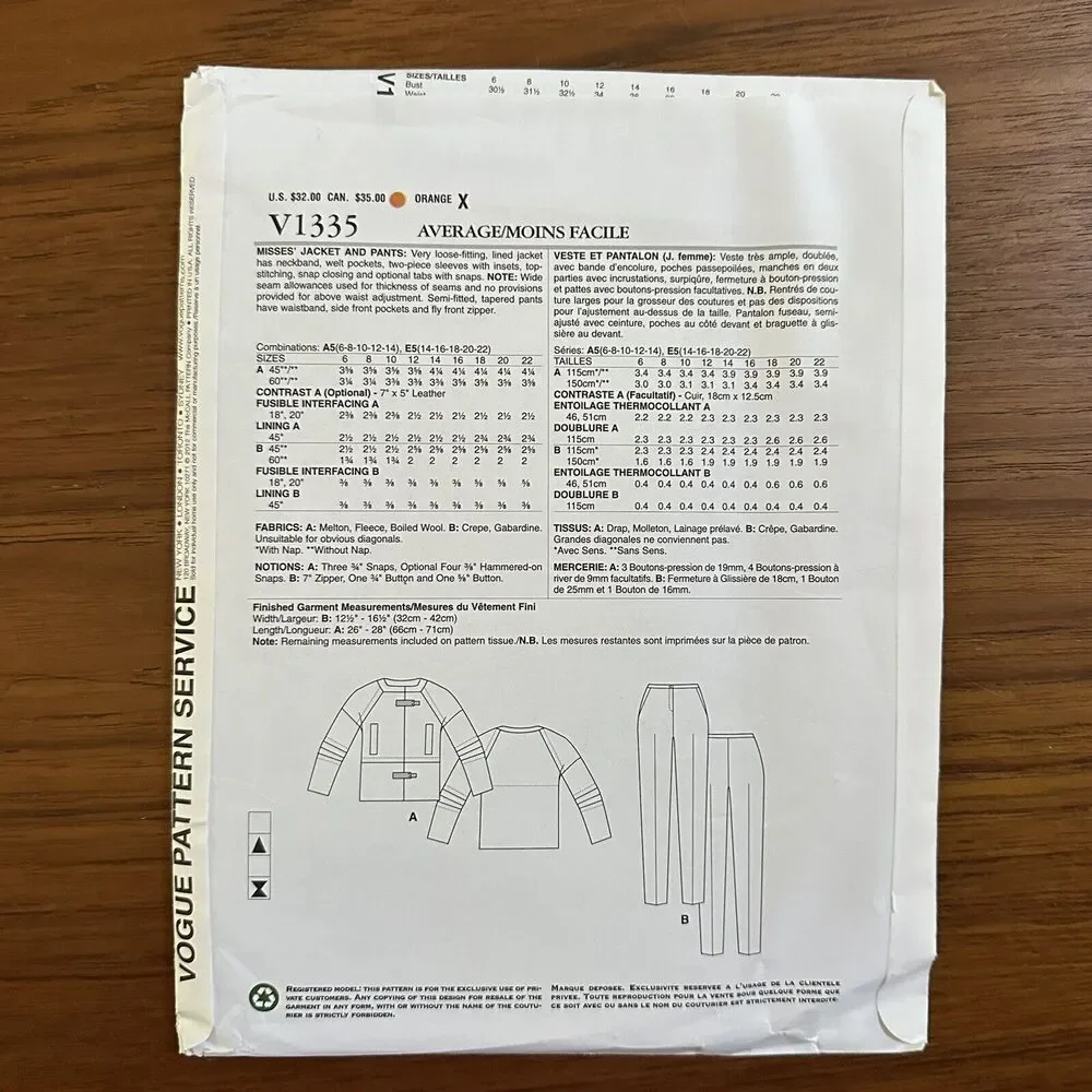 NEW FF V1335 Guy Laroche Vogue Sewing Pattern Misses Jacket Pants SZ A5 14-22